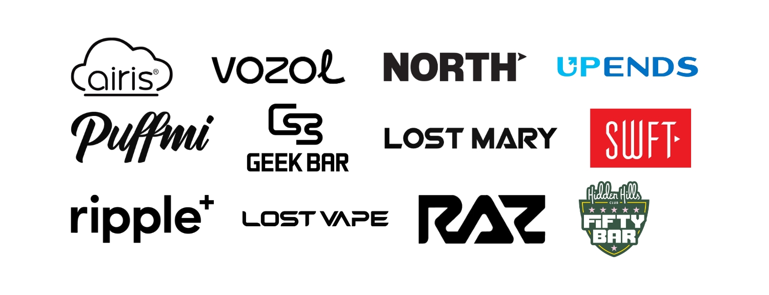 Brands of disposable vapes, including Airis, North, Ripple+, Vozol, Geekbar, Lost Vape, North, Lost Mary, Raz, Upends, Swift, Hidden Hills x Fifty Bar.