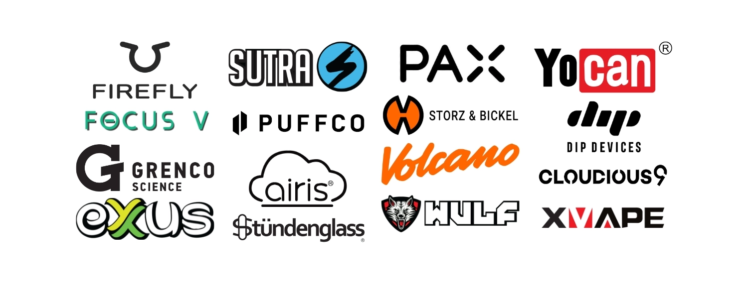 Herb and wax vaporizer brands, including Firefly, Focus V, Grenco Science, Puffco, Pax, Storz & Bickle, Wulf, and Yocan.