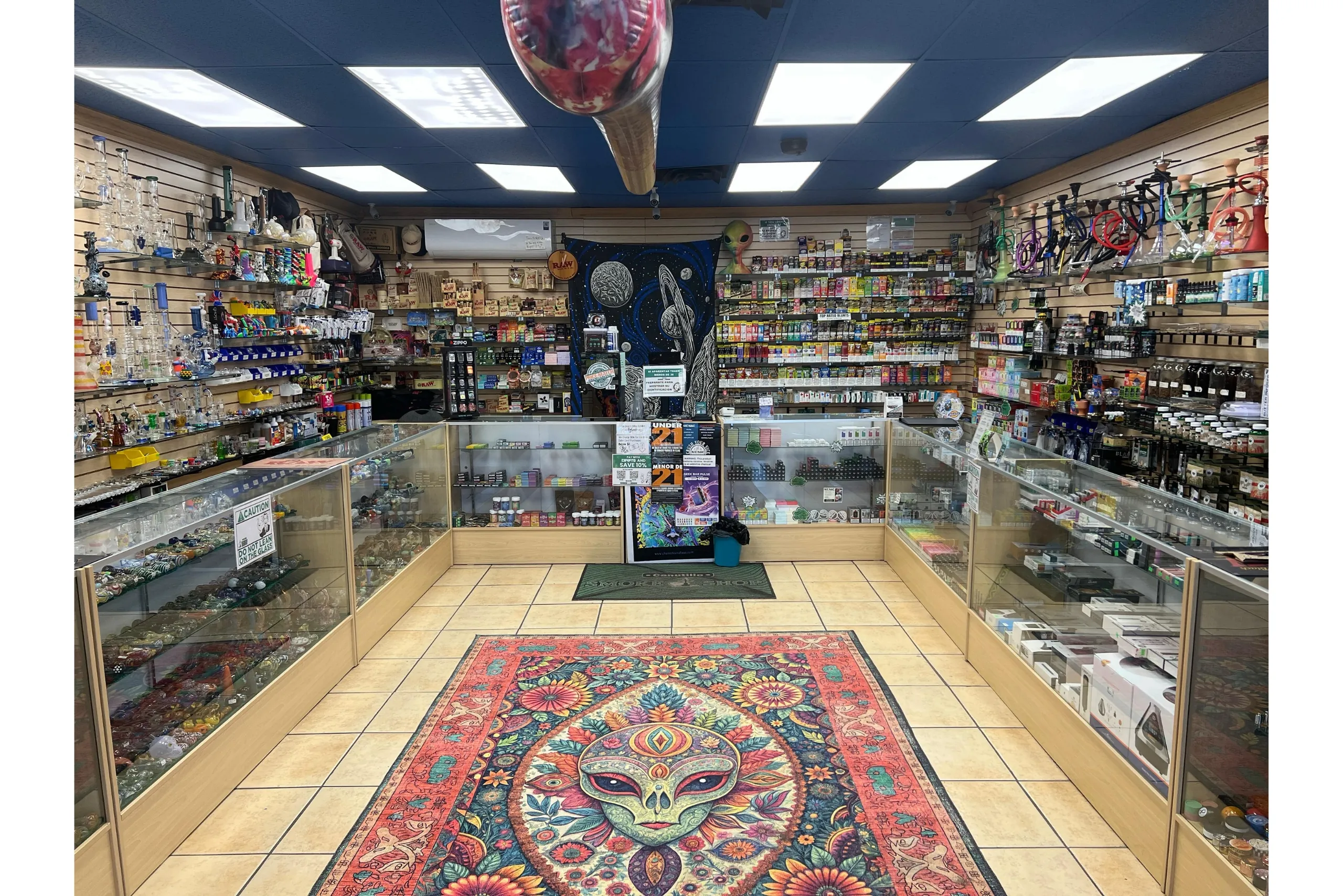 Wide view of Canutillo Smoke Shop showcasing the store layout and product displays.