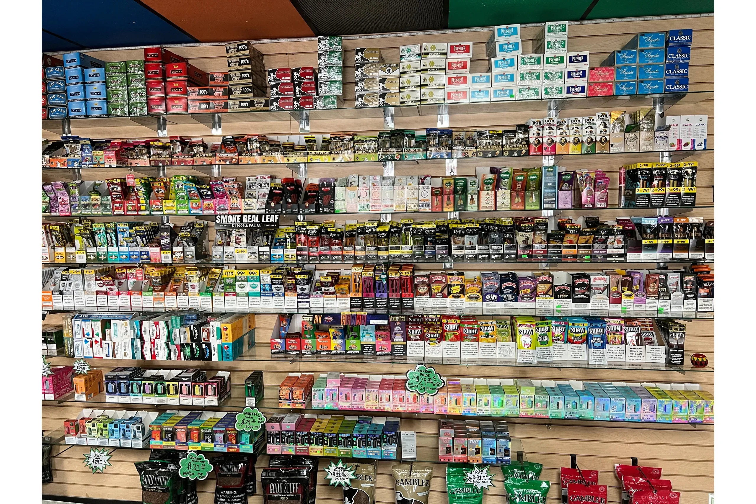 "Geek Bar, RAZ, Lost Mary vapes, cigarillos, and cigarette tubes at Montana Smoke Shop.