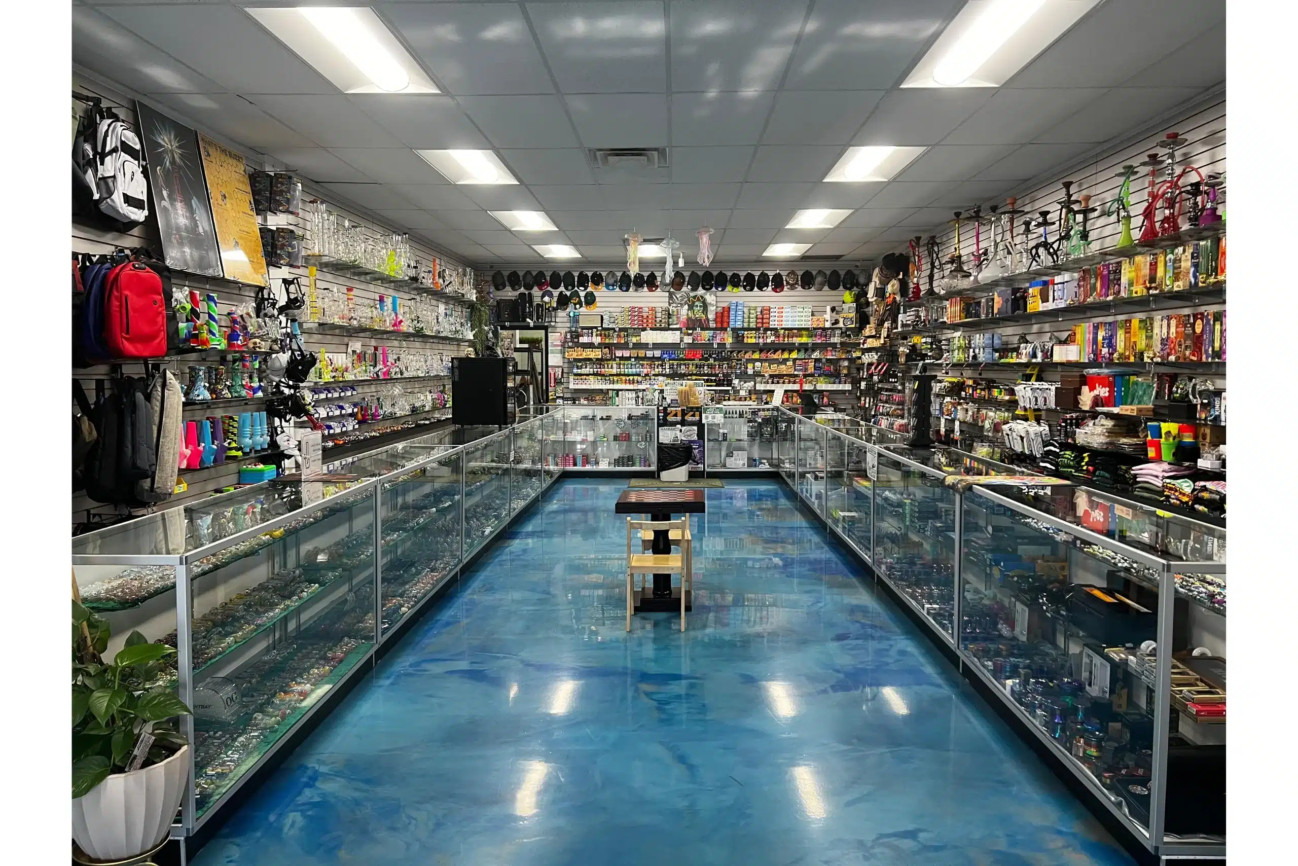 Wide view of Resler Smoke Shop showcasing its full range of products.