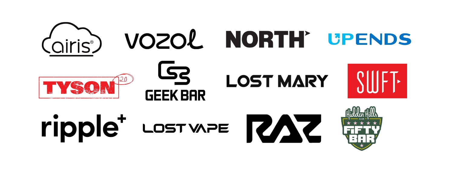 Brands of disposable vapes, including Airis, North, Ripple+, Vozol, Geekbar, Lost Vape, Tyson 2.0, North, Lost Mary, Raz, Upends, Swift, Hidden Hills x Fifty Bar.