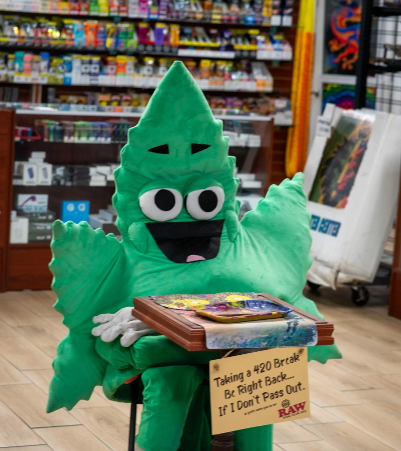 Yandell Smoke Shop displaying a unique marijuana-themed suit.